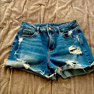 High rise distressed denim shorts